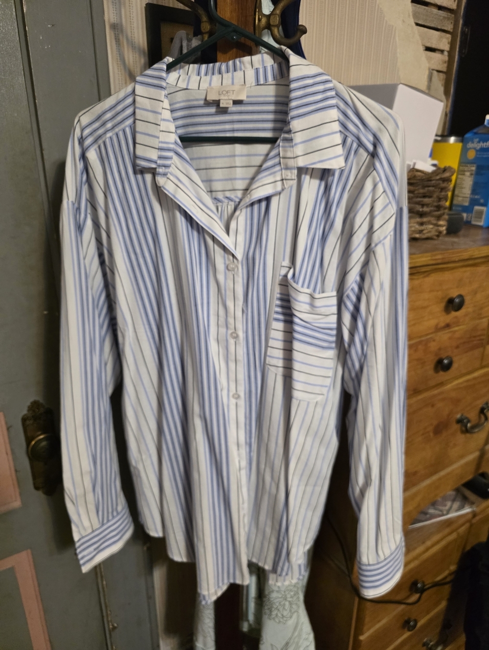 LOFT Blue and White Vertical Stripe Button-Down Shirt